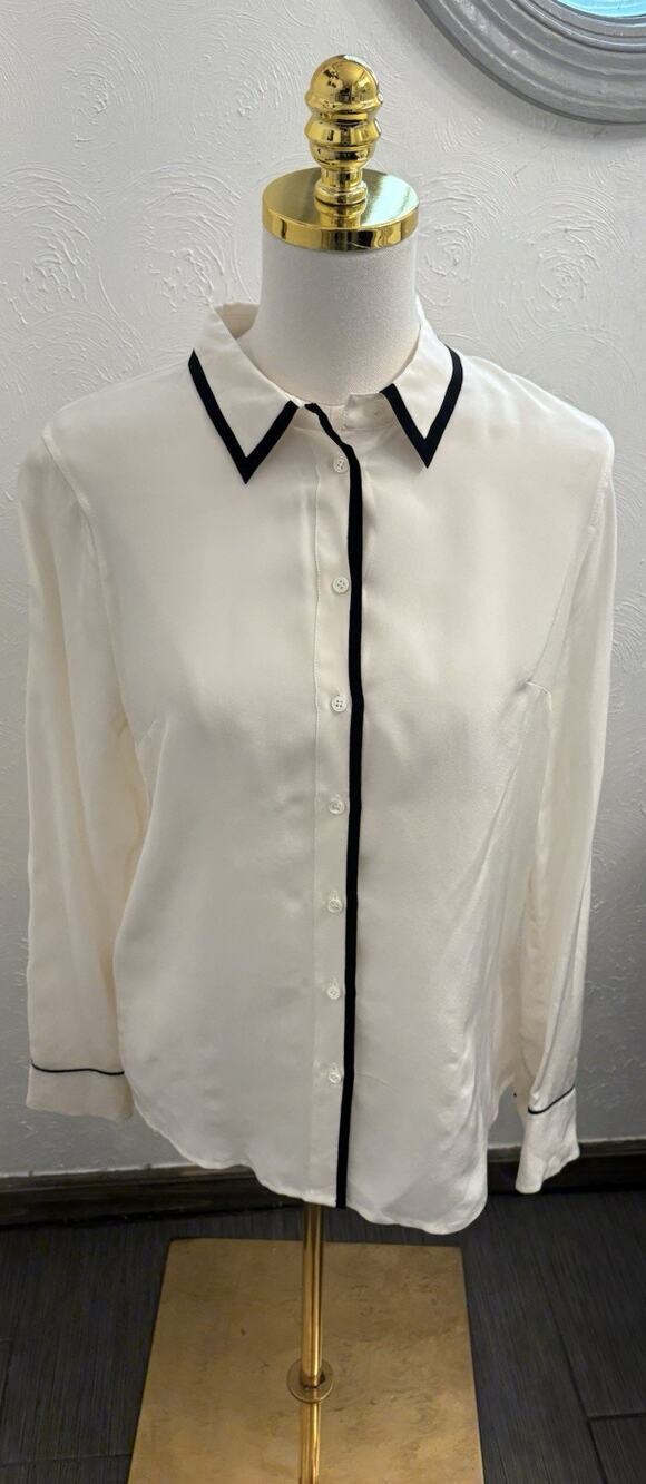 J.Crew Silk Button-Down Cream Blouse With Black Contrast Trim Size 4